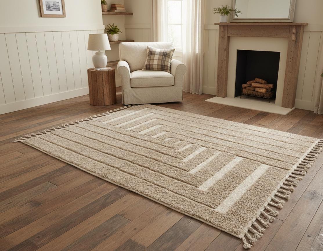 Handmade Moroccan Rug, Beni Ourain Shaggy Wool Rug, Thick Pile Rectangular Area Carpet, Modern Minimalist Boho Rug