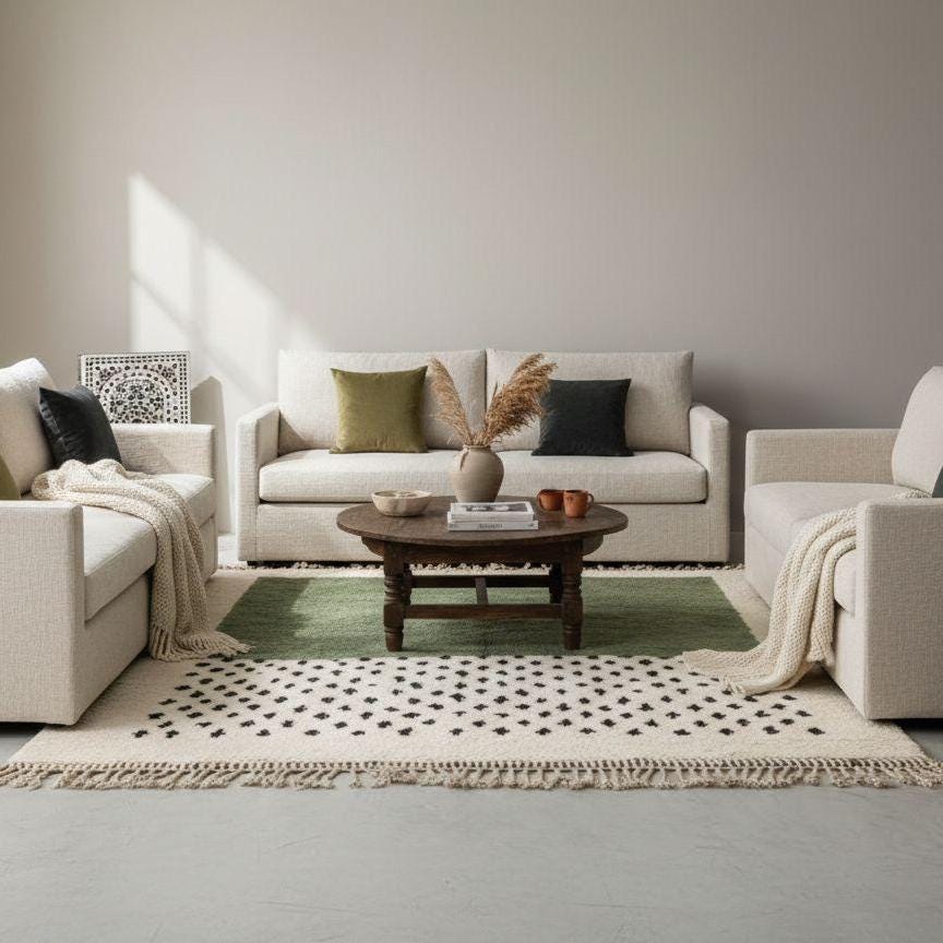 Dotted Moroccan Beni Ourain Rug Handmade, White Green Wool Berber Area Rug, Soft High Quality Custom Size Boho Carpet Thick Pile Carpet