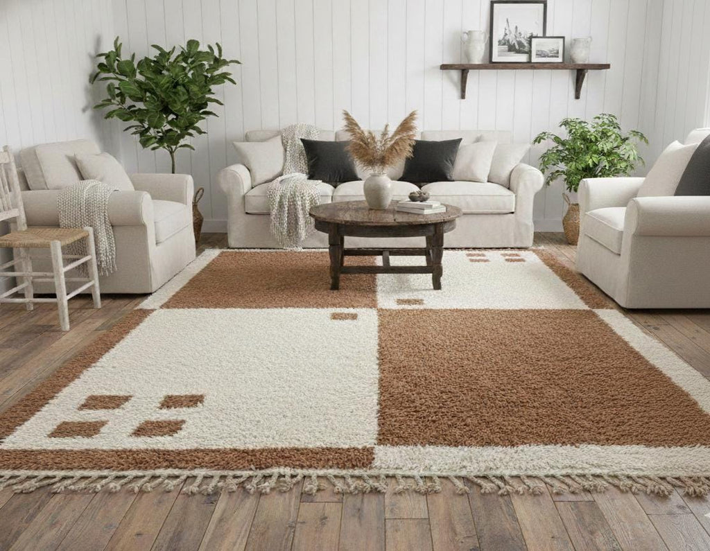 Custom Wool Rug, Handmade Moroccan Beni Ourain Rug, Brown and White Berber Shag Carpet, Geometric Living Room Area Rug
