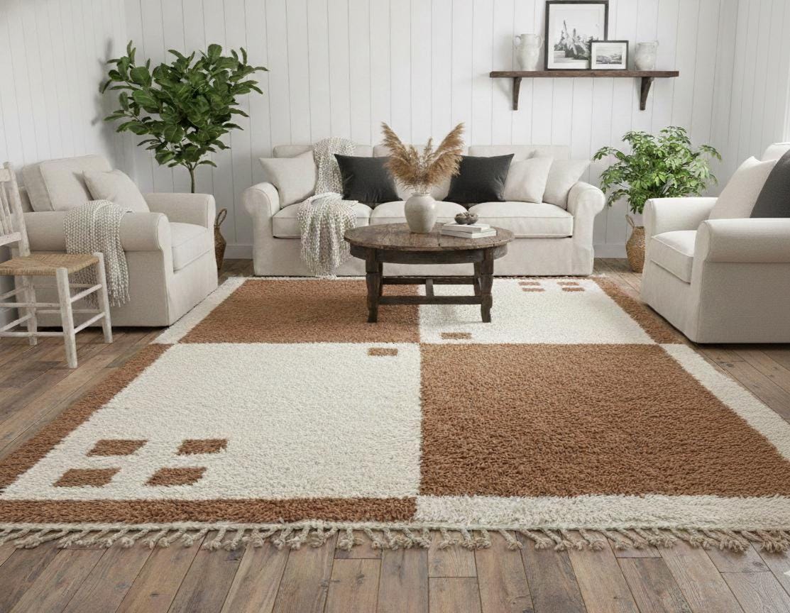 Custom Wool Rug, Handmade Moroccan Beni Ourain Rug, Brown and White Berber Shag Carpet, Geometric Living Room Area Rug