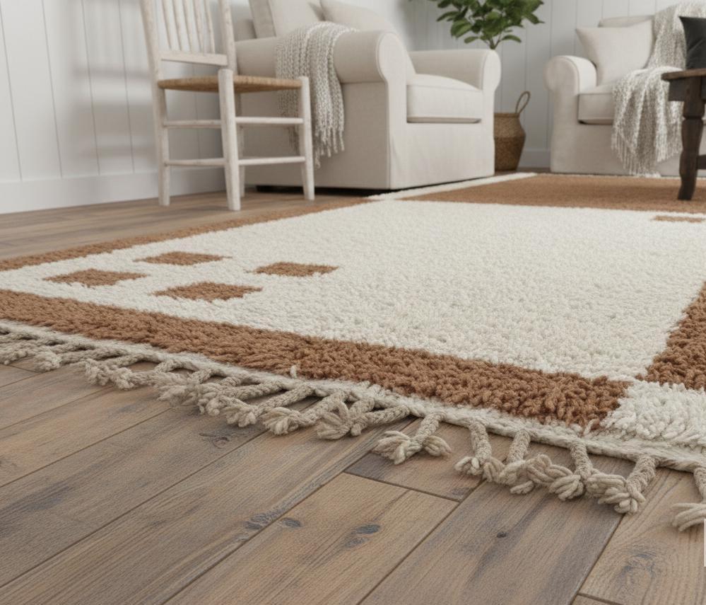 Custom Wool Rug, Handmade Moroccan Beni Ourain Rug, Brown and White Berber Shag Carpet, Geometric Living Room Area Rug