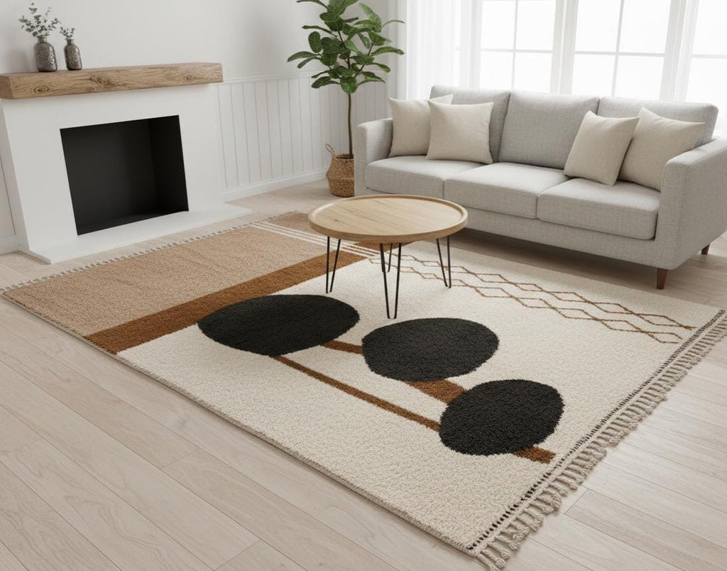 White & Beige Beni Ourain Rug, Handwoven Moroccan Berber Carpet, Abstract Tree Design Area Rug Custom  Wool Rug