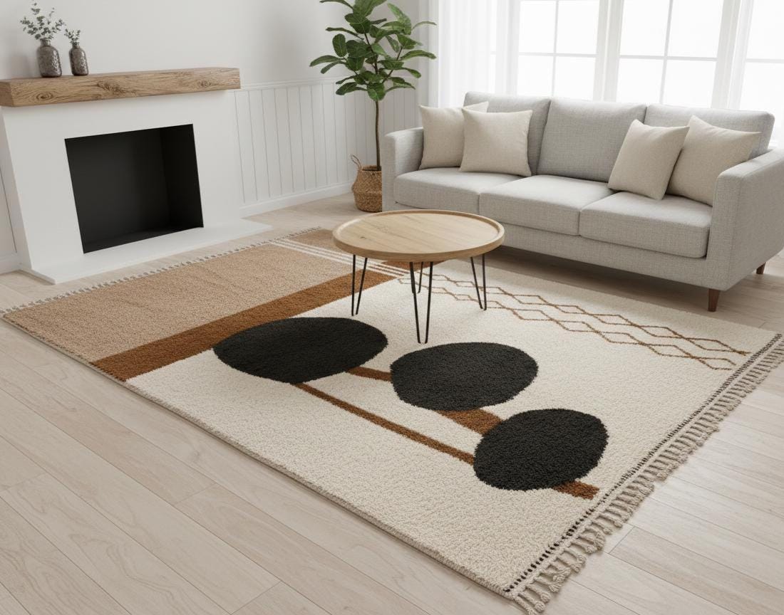 White & Beige Beni Ourain Rug, Handwoven Moroccan Berber Carpet, Abstract Tree Design Area Rug Custom  Wool Rug
