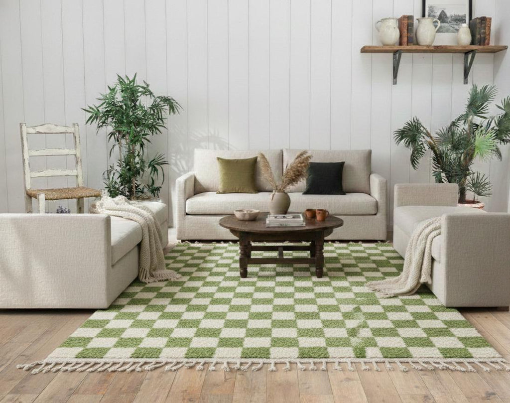 Green Tufted Rug Moroccan Beni Ourain Checker Pattern Custom Handmade Wool Berber Area Carpet Contemporary Moroccan Rug