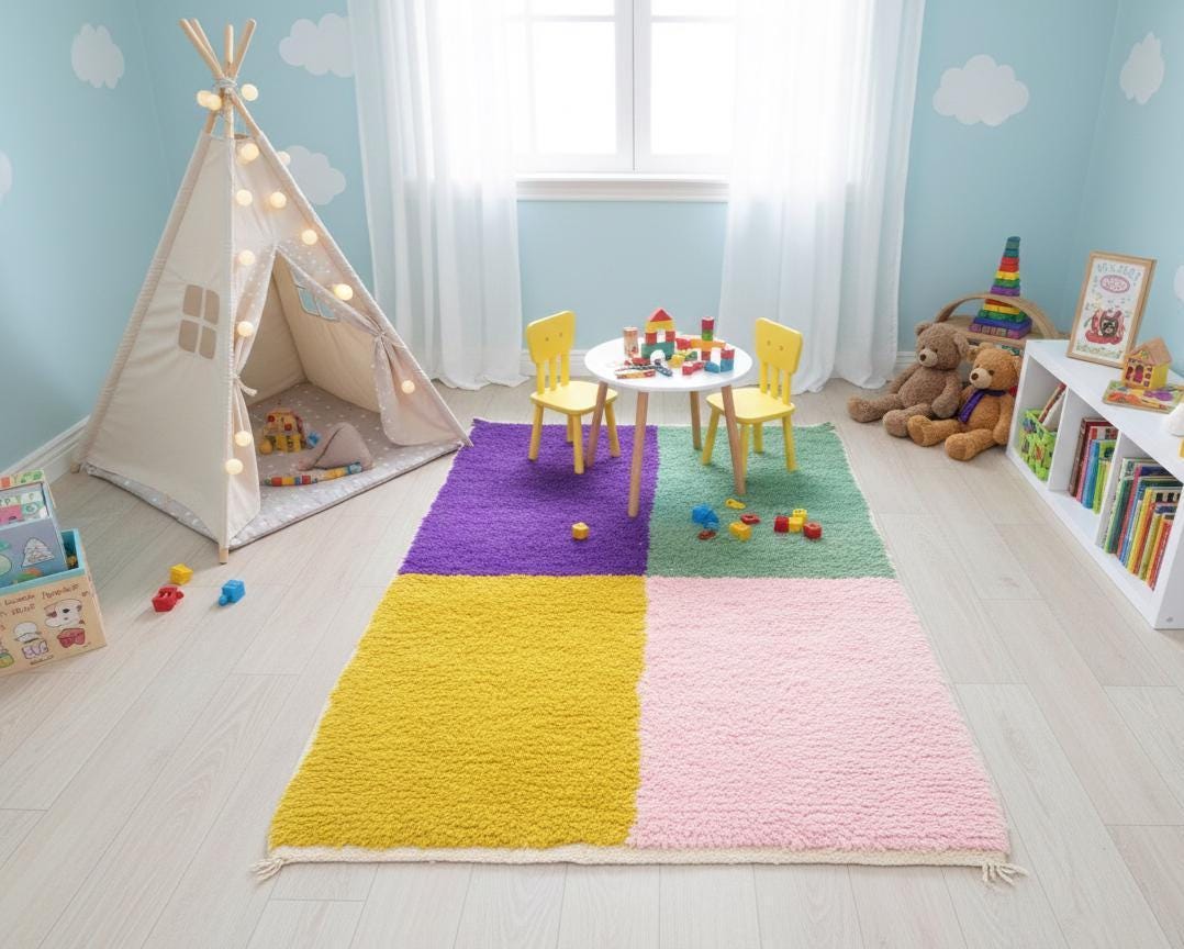 Bohemian Multi-Color Moroccan Rug, Tribal Berber Wool Carpet, Plush Shag Area Rug , Fluffy Moroccan Rug Nursery Area Rug Playroom Carpet