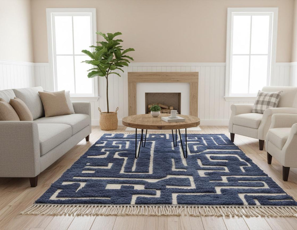Dark Blue Moroccan Wool Rug, Handcrafted Berber Area Carpet, Luxury Boho Home Decor Handmade Moroccan Rug