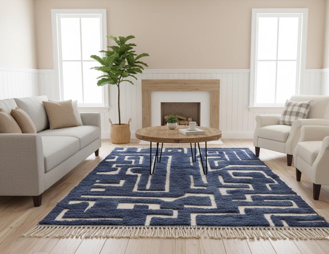 Dark Blue Moroccan Wool Rug, Handcrafted Berber Area Carpet, Luxury Boho Home Decor Handmade Moroccan Rug