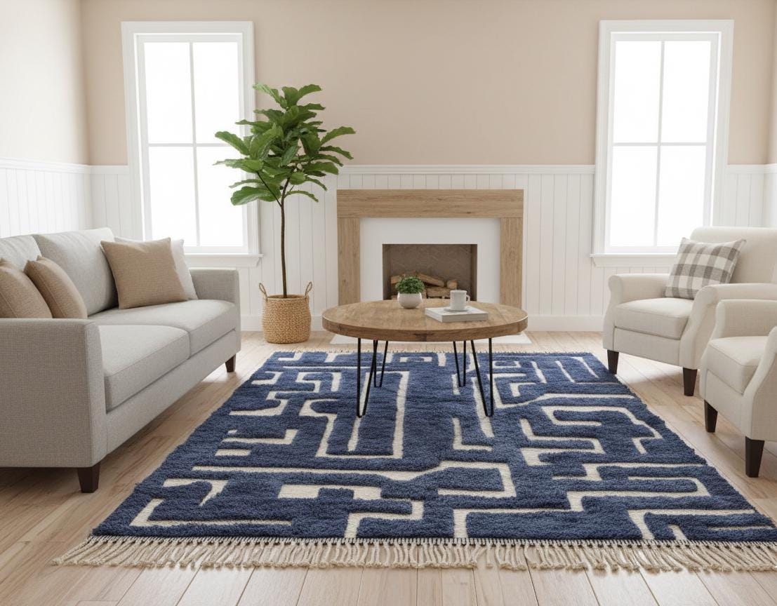 Dark Blue Moroccan Wool Rug, Handcrafted Berber Area Carpet, Luxury Boho Home Decor Handmade Moroccan Rug