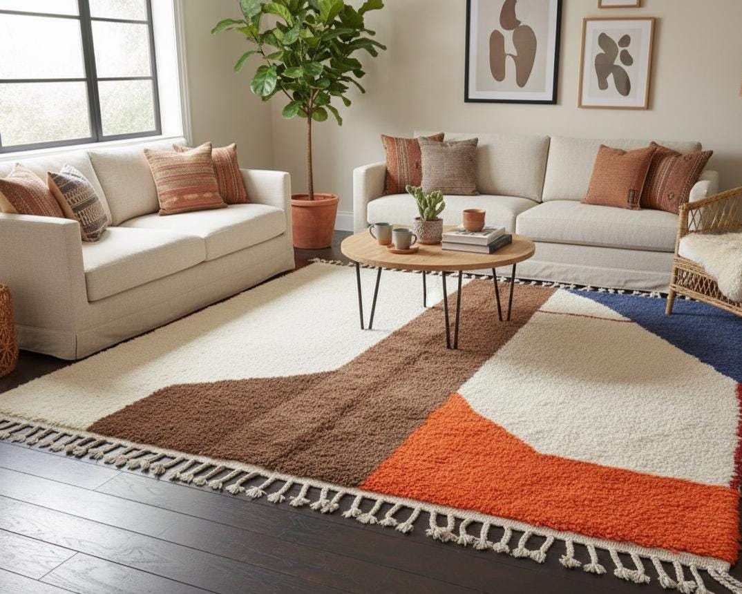 Blue & Orange Moroccan Rug, Custom Abstract Berber Rug, Soft Shaggy Texture ,Artistic Handmade Wool Area Rug, Modern Statement Rug