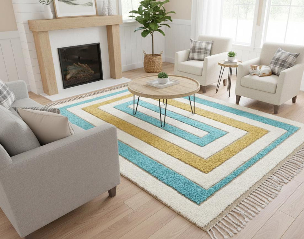 Handmade Geometric Moroccan Rug – Mustard Aqua Wool Berber Area Rug Sustainable Handwoven Moroccan Wool Carpet