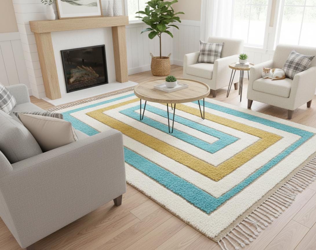 Handmade Geometric Moroccan Rug – Mustard Aqua Wool Berber Area Rug Sustainable Handwoven Moroccan Wool Carpet
