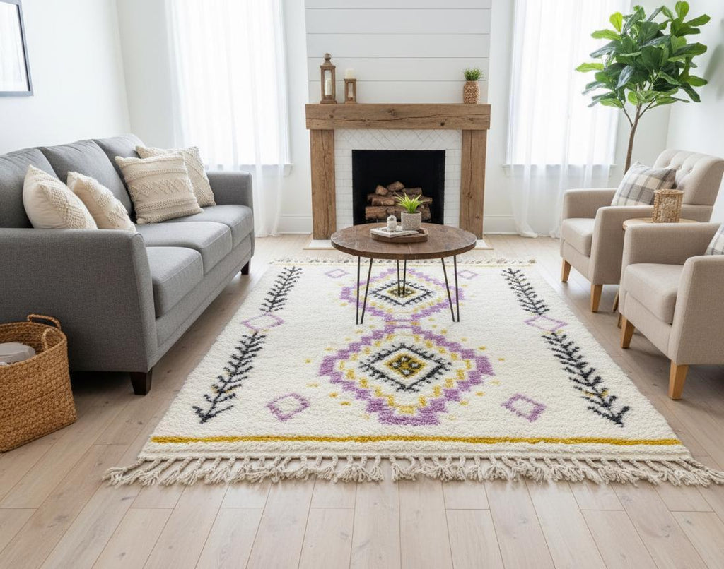 Moroccan Beni Ourain Wool Rug – Fluffy Berber Area Rug, Handmade Boho Shag Carpet for Living Room Nursery Area Rug Playroom Carpet