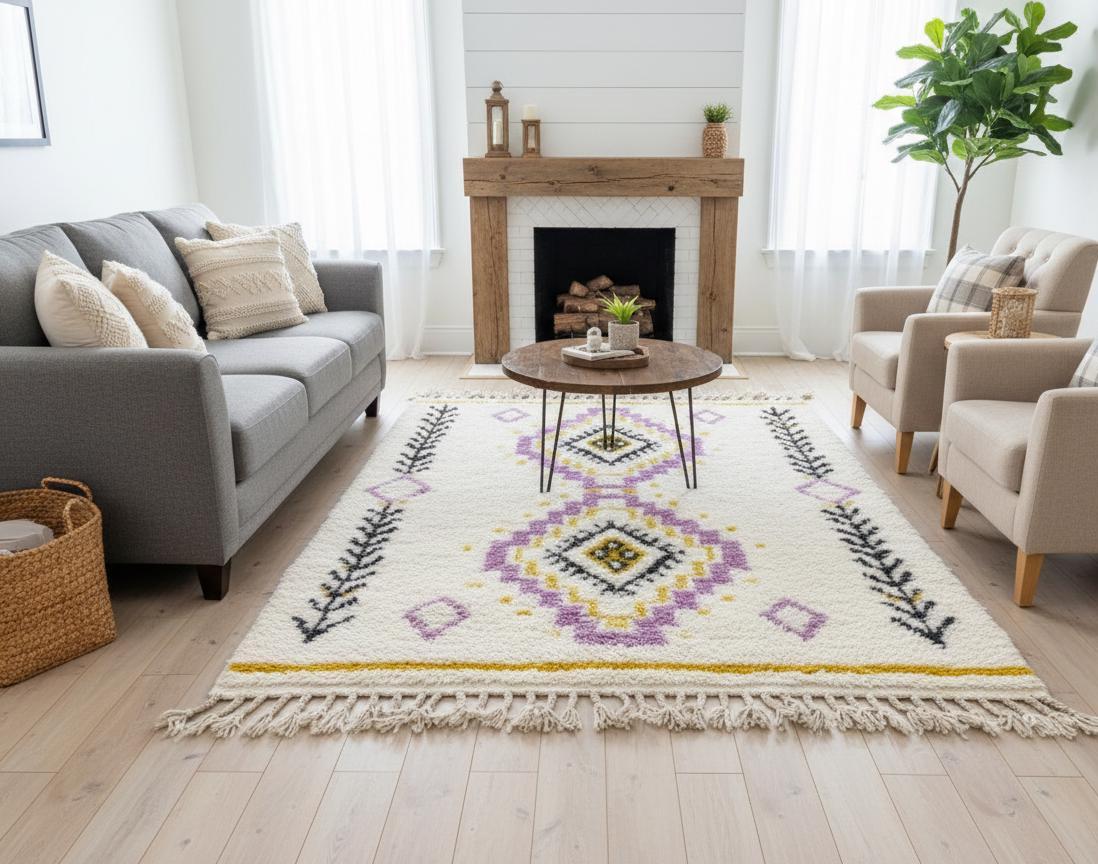 Moroccan Beni Ourain Wool Rug – Fluffy Berber Area Rug, Handmade Boho Shag Carpet for Living Room Nursery Area Rug Playroom Carpet