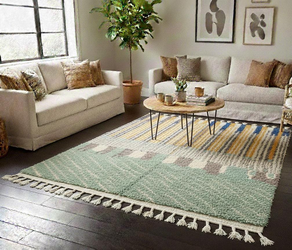 Handmade Beni Mrirt Moroccan Rug, Shadow Green Striped Berber Wool Area Rug, Premium Dining Room & Living Room Carpet Organic Wool Carpet
