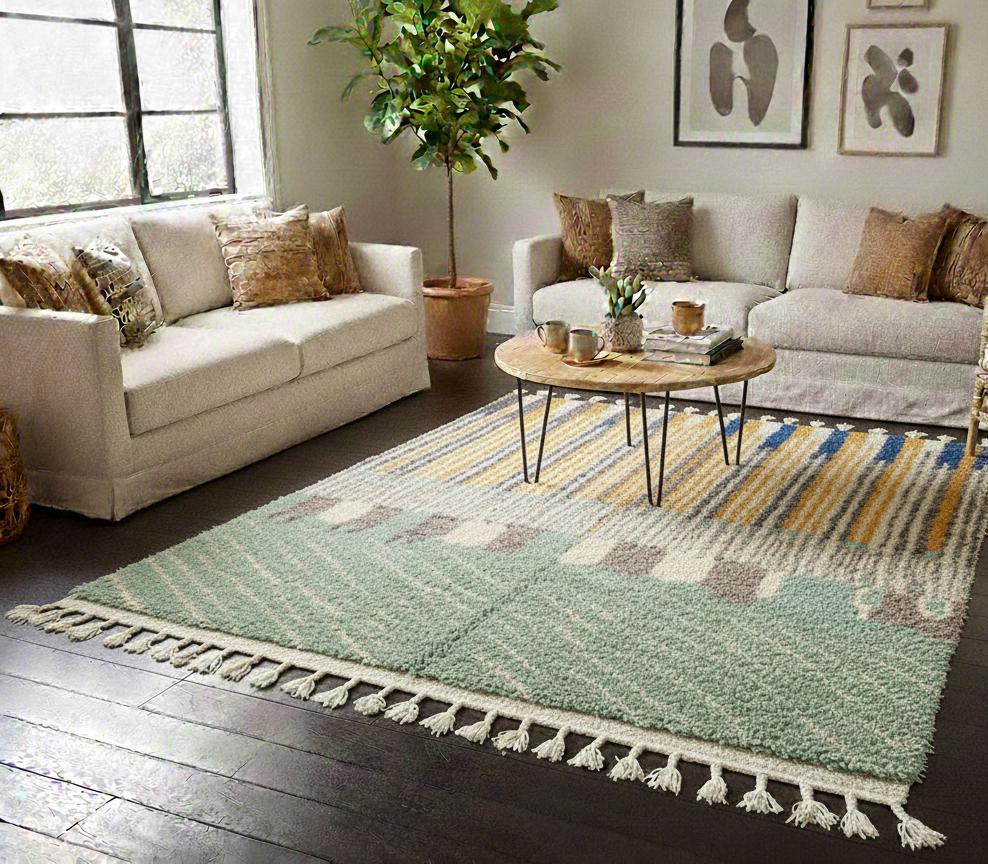 Handmade Beni Mrirt Moroccan Rug, Shadow Green Striped Berber Wool Area Rug, Premium Dining Room & Living Room Carpet Organic Wool Carpet