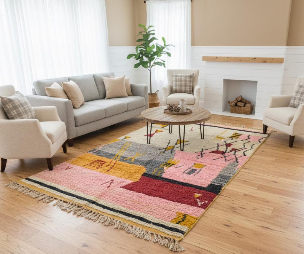 Handwoven Moroccan Rug Beni Ourain Azilal Wool Carpet Thick Plush Berber Area Rug for Modern Boho Interior Bohemian Home Decor Rug