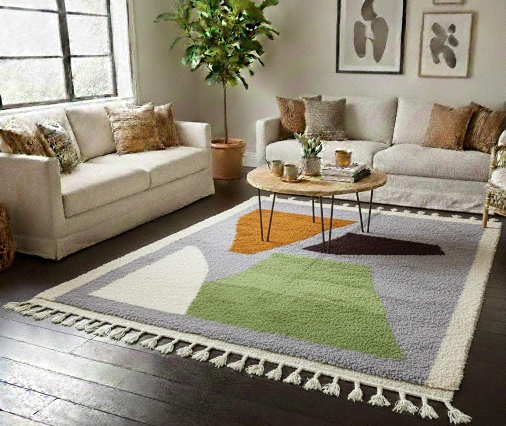 Handmade Moroccan Gray & Green Shag Rug, Natural Wool Custom Area Rug, Luxury Home Decor Rug Berber Style Rug Fluffy Rug