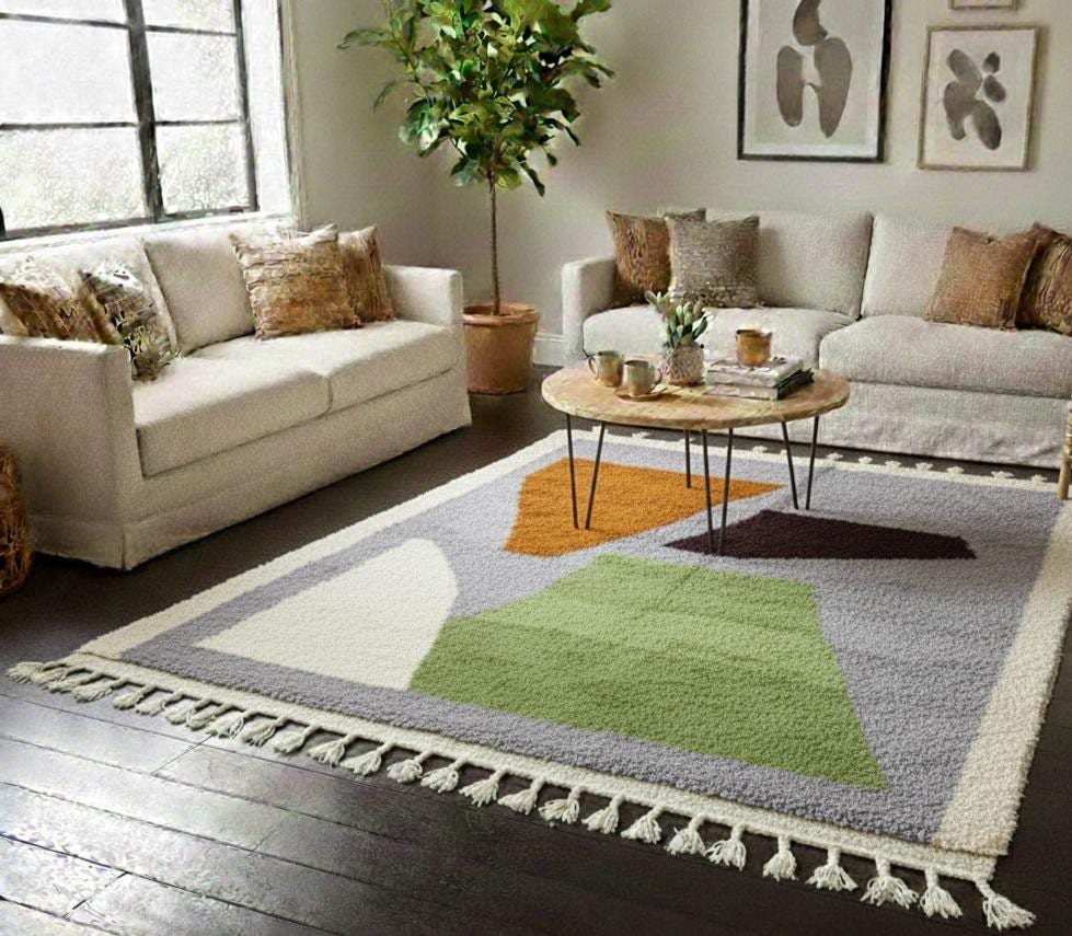 Handmade Moroccan Gray & Green Shag Rug, Natural Wool Custom Area Rug, Luxury Home Decor Rug Berber Style Rug Fluffy Rug
