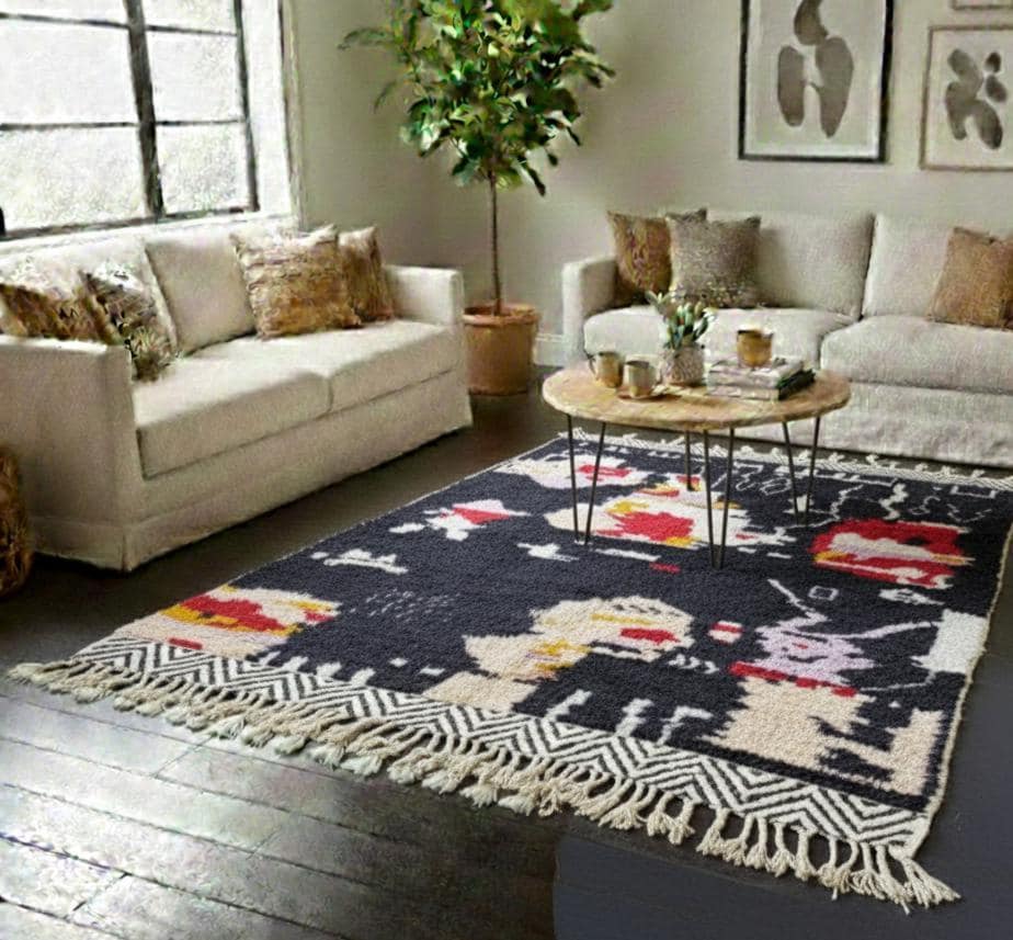 Moroccan Black Beni Ourain Rug, Handmade Natural Wool Berber Carpet, Bohemian Living Room Area Rug,Bohemian Home Decor Rug