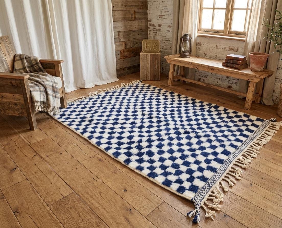 Checkered Moroccan Rug Beni Ourain Azilal Handmade Wool Rug Berber Area Carpet Modern Farmhouse Living Room Decor