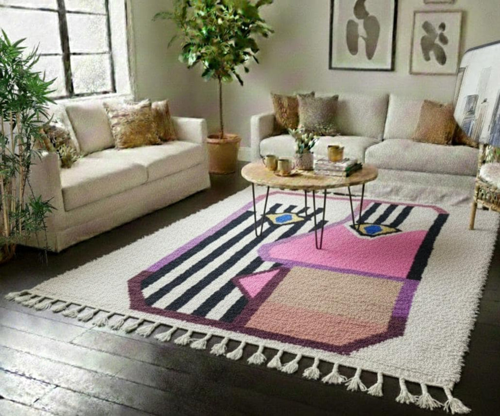 Handmade Moroccan Wool Rug, White and Pink Berber Rug, Boho Area Rug, Custom Beni Style Carpet, Soft Nursery & Bedroom Rug