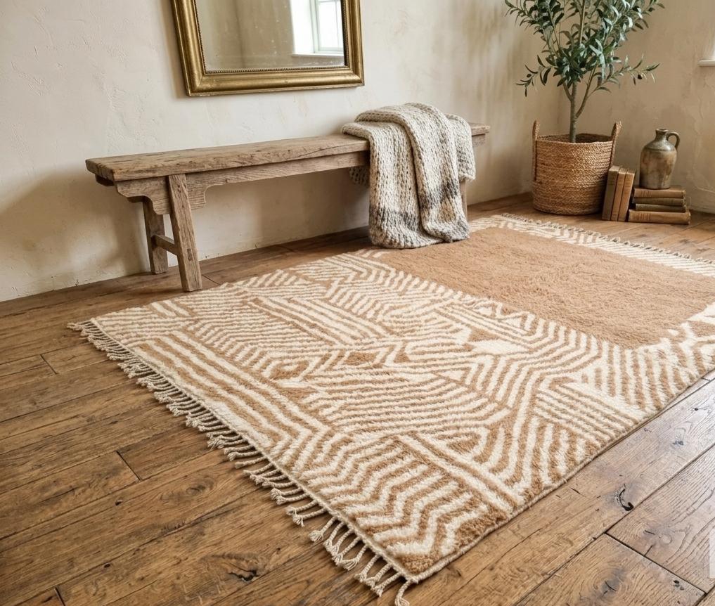 Brown Wool Beni Ourain Berber Rug – Handwoven Moroccan Abstract Area Rug Living Room Decor Moroccan Style Rug