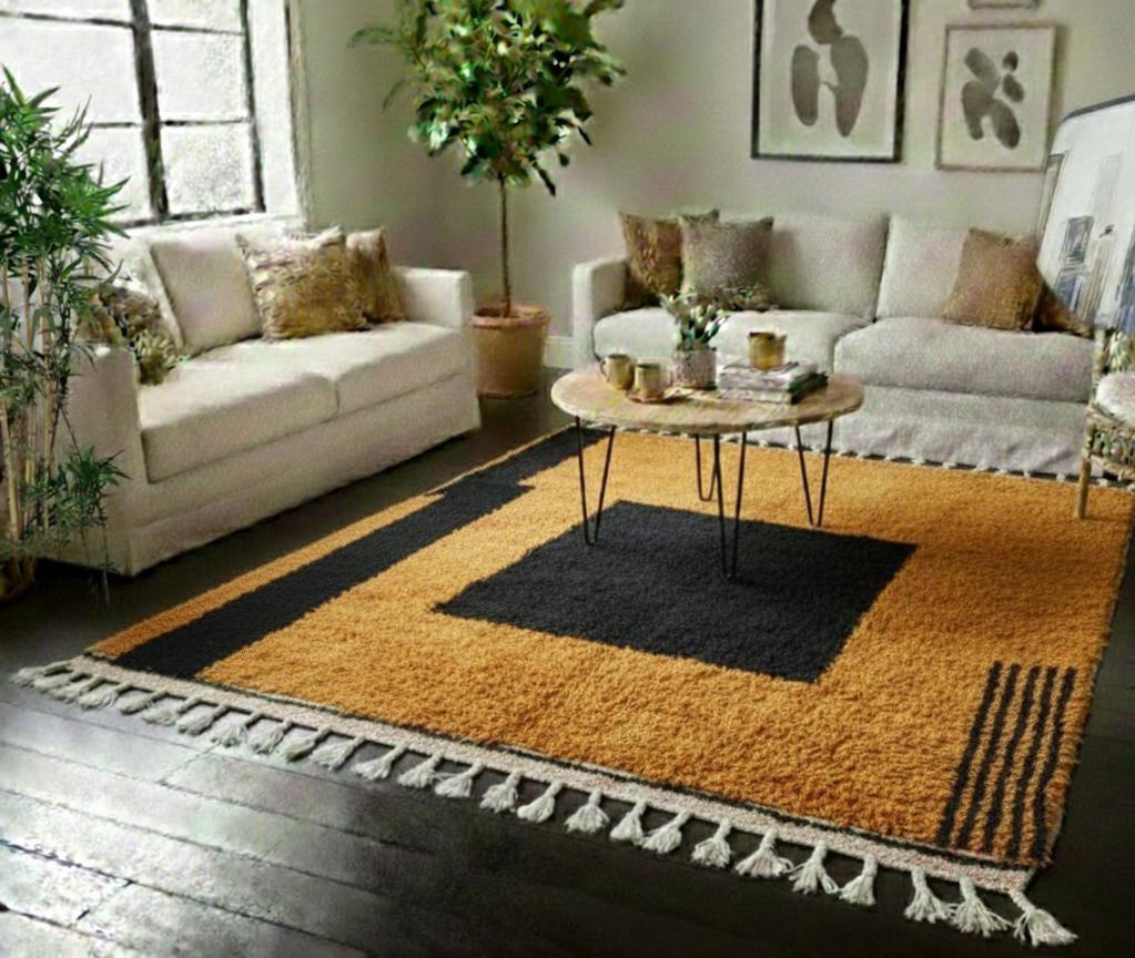 Beni Mrirt Geometric Wool Rug, Handmade Moroccan Brown Black Area Carpet, Tribal Berber Rug, Custom Size Luxury Decor