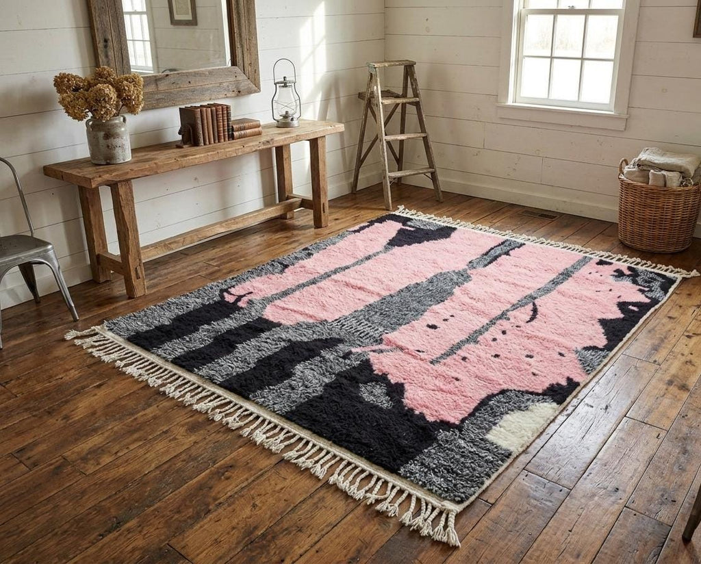 Moroccan Pink & Black Rug, Abstract Rug, Handmade Wool Rug – Handwoven Moroccan Abstract Area Rug Living Room Decor Moroccan Style Rug