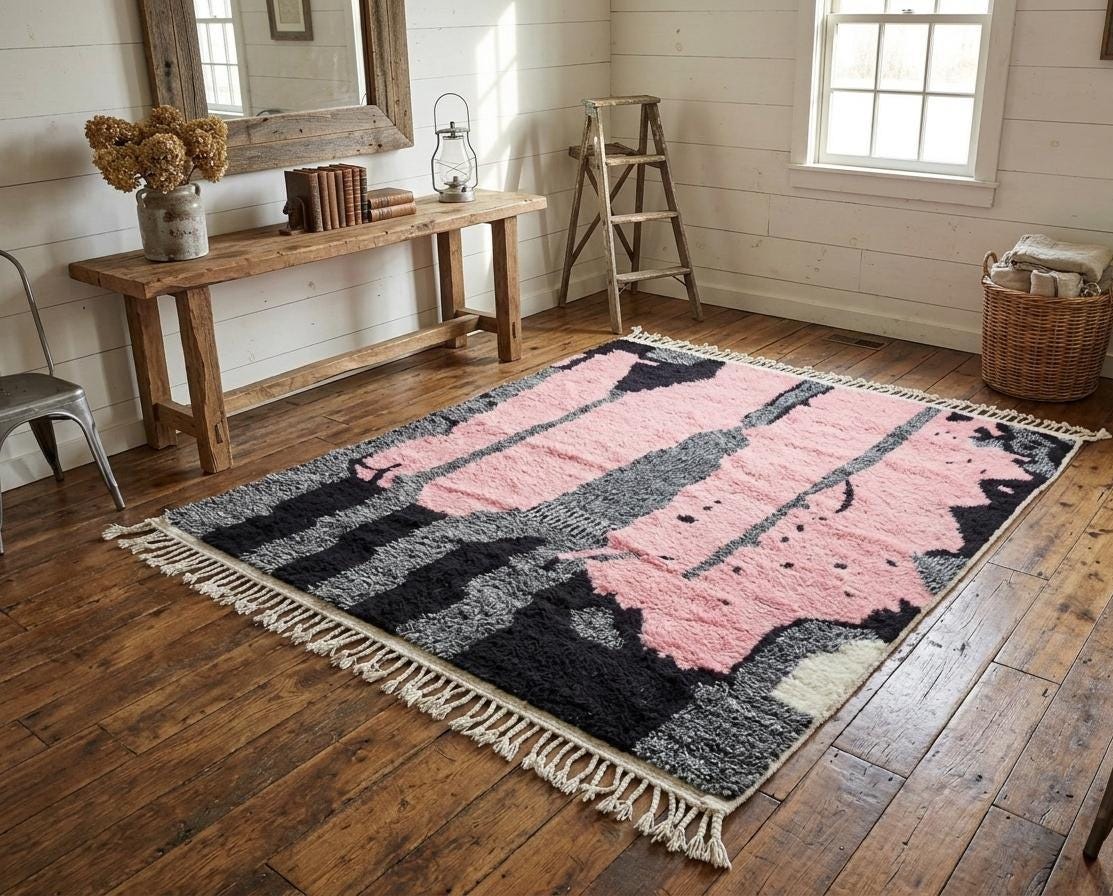 Moroccan Pink & Black Rug, Abstract Rug, Handmade Wool Rug – Handwoven Moroccan Abstract Area Rug Living Room Decor Moroccan Style Rug