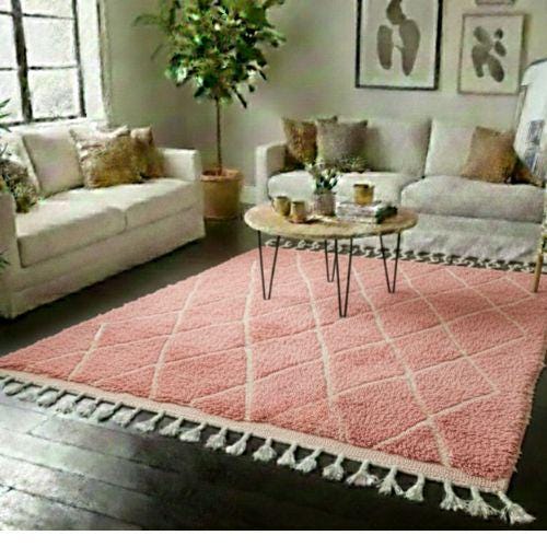 Pink Moroccan Beni Ourain Rug, Handmade Natural Wool Berber Carpet, Bohemian Living Room Area Rug,Bohemian Home Decor Rug