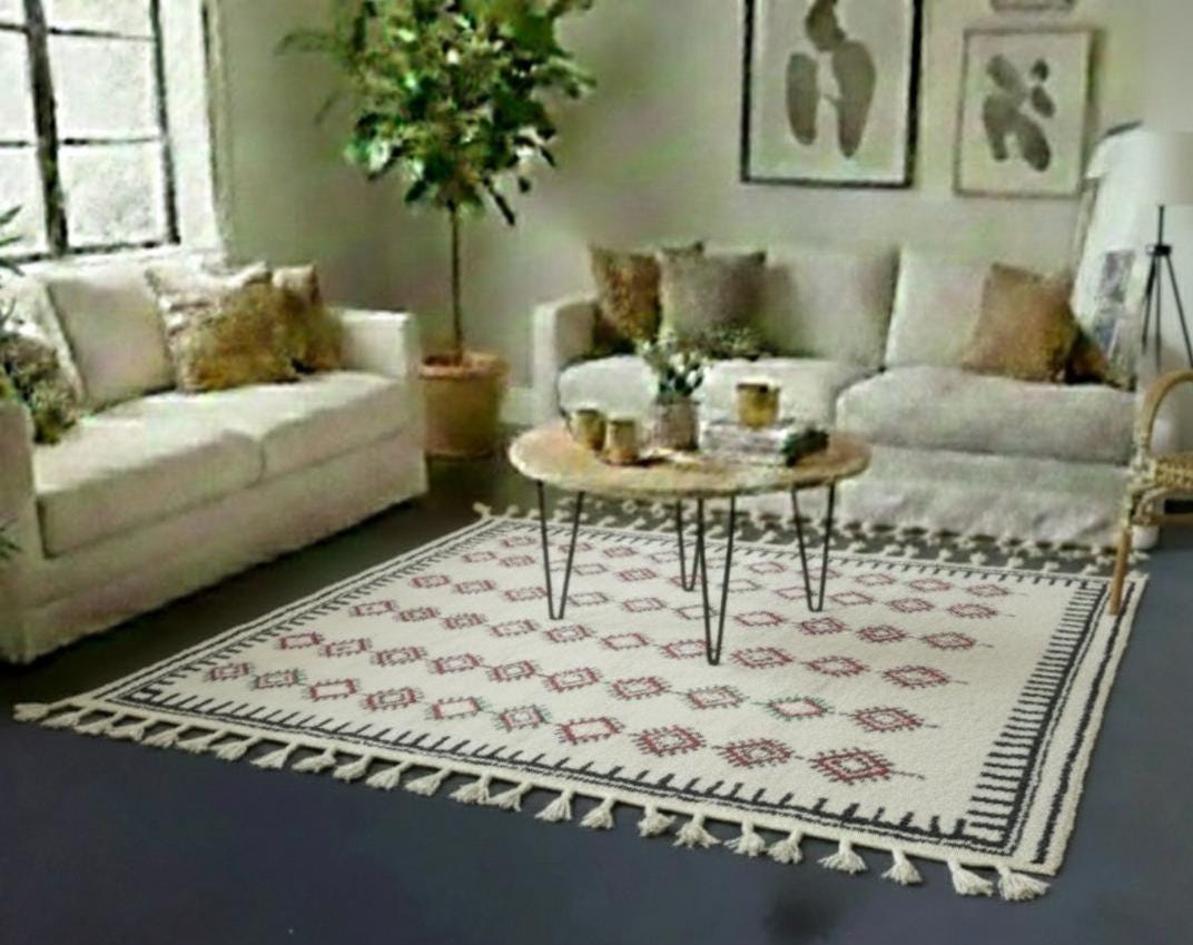 Handmade Beni Ourain Geometric Rug, White Moroccan Berber Wool Rug, Tribal Minimalist Area Rug