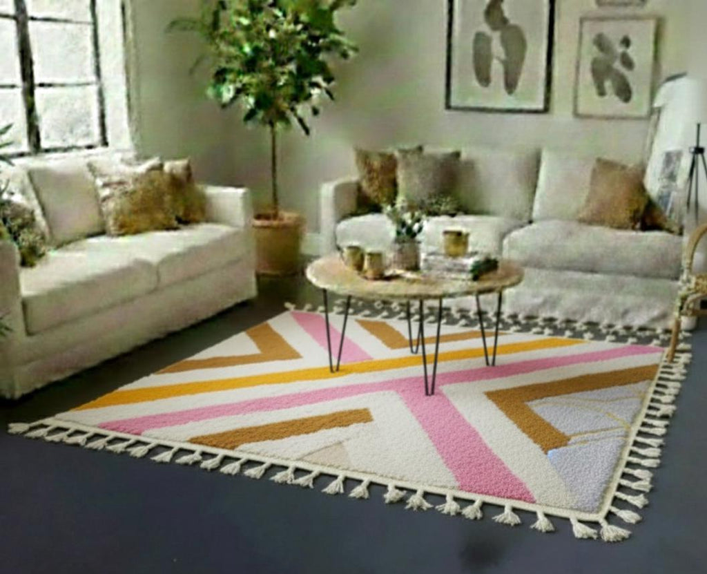 Pink and Mustard Beni Ourain Rug, Handmade Moroccan Shag Rug, Berber Wool Bohemian Area Rug Vintage Area Carpet