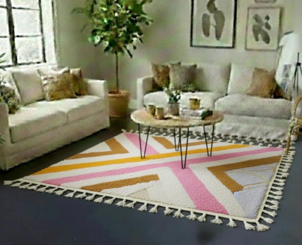 Pink and Mustard Beni Ourain Rug, Handmade Moroccan Shag Rug, Berber Wool Bohemian Area Rug Vintage Area Carpet