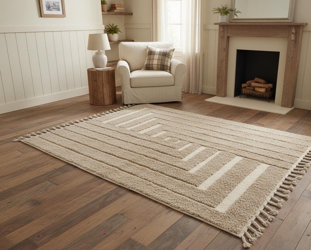 Handmade Moroccan Rug, Beni Ourain Shaggy Wool Rug, Thick Pile Rectangular Area Carpet, Modern Minimalist Boho Rug