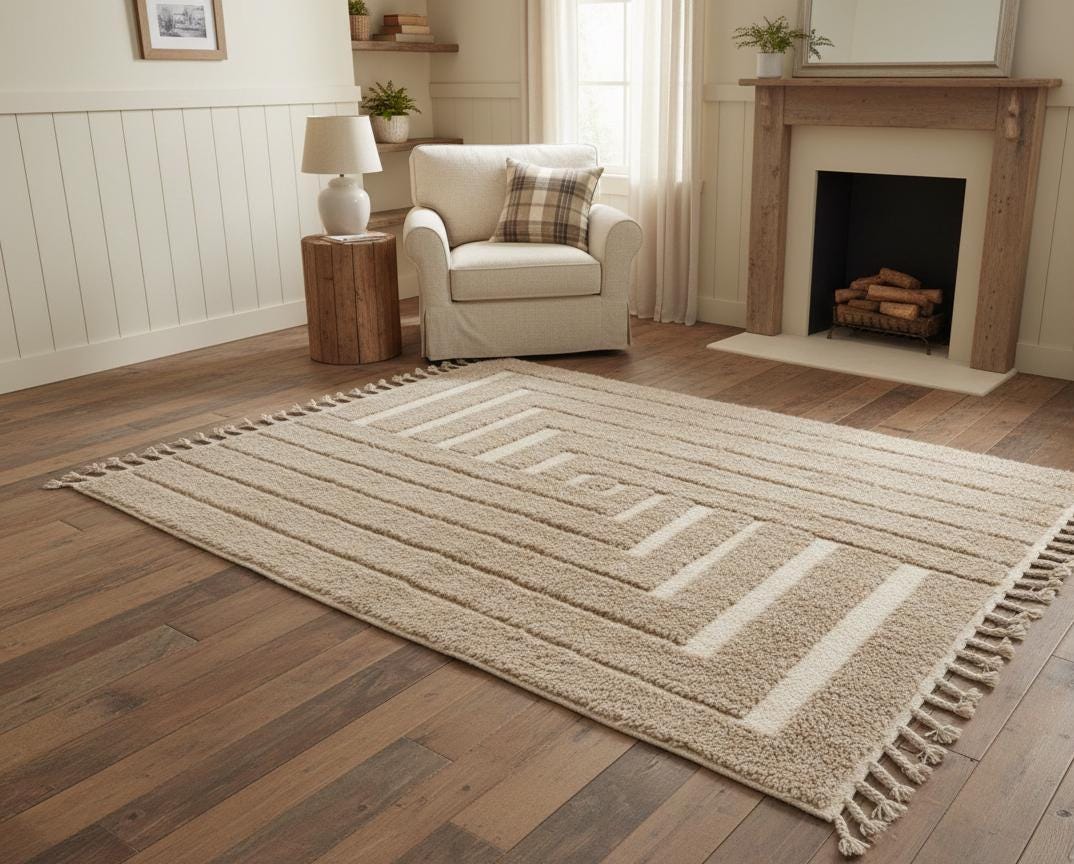 Handmade Moroccan Rug, Beni Ourain Shaggy Wool Rug, Thick Pile Rectangular Area Carpet, Modern Minimalist Boho Rug