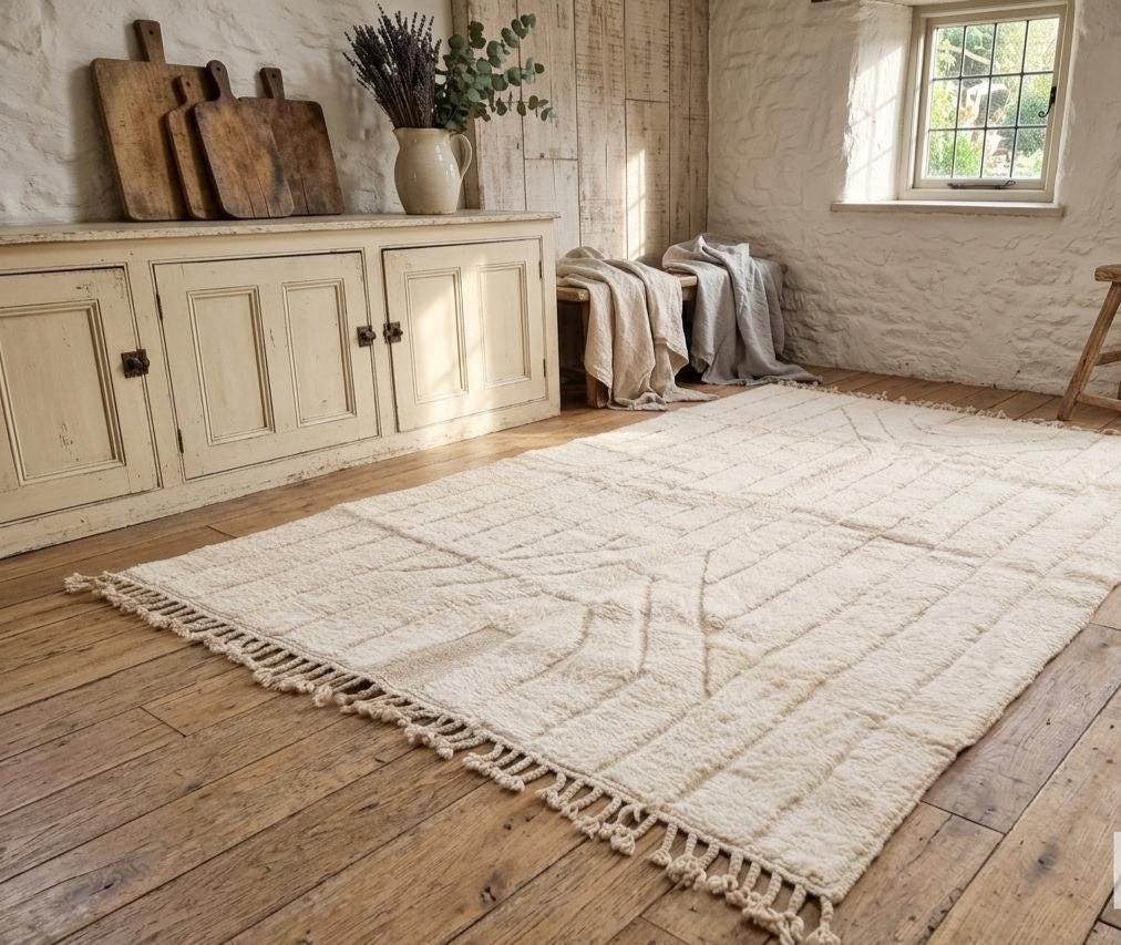 White Wool Beni Ourain Berber Rug – Handwoven Moroccan Abstract Area Rug Living Room Decor Moroccan Style Rug Vintage Carpet