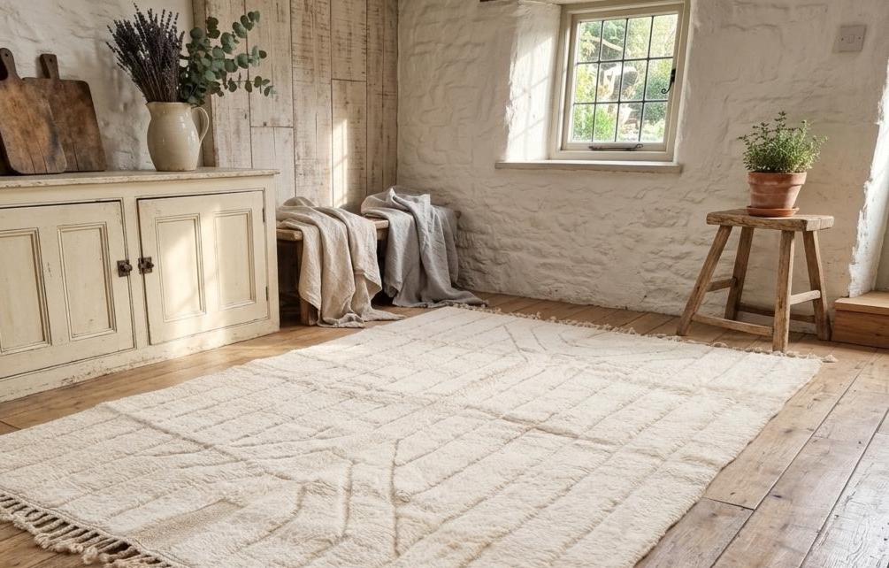 White Wool Beni Ourain Berber Rug – Handwoven Moroccan Abstract Area Rug Living Room Decor Moroccan Style Rug Vintage Carpet