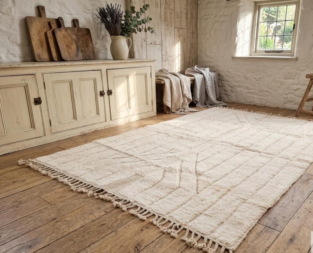 White Wool Beni Ourain Berber Rug – Handwoven Moroccan Abstract Area Rug Living Room Decor Moroccan Style Rug Vintage Carpet