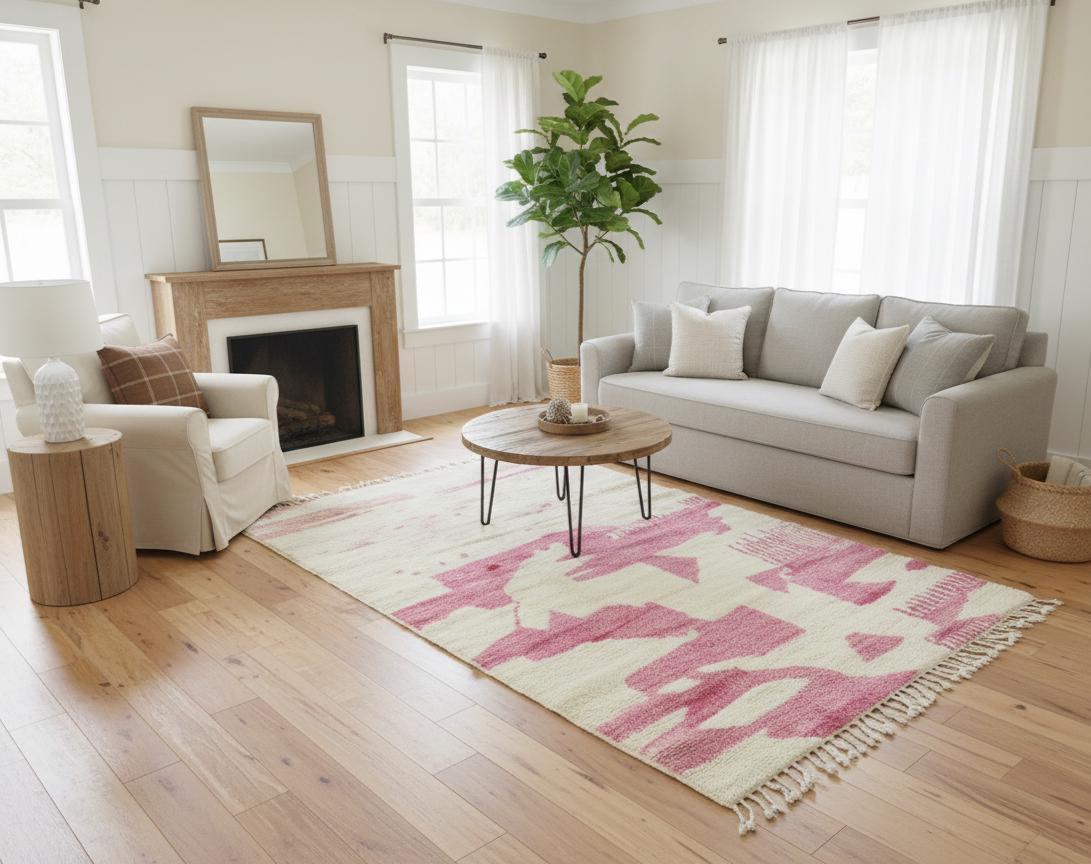 Handmade Beni Mrirt Shag Rug 5x8, White & Pink Moroccan Berber Carpet, Abstract Wool Area Rug Bohemian Home Decor Rug
