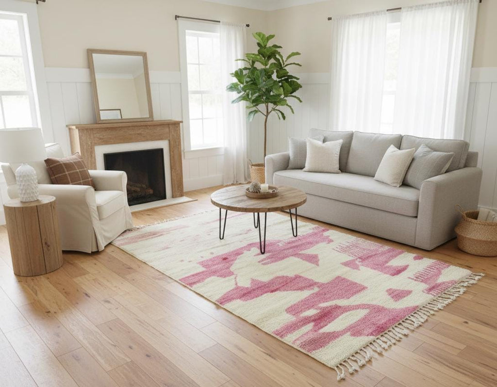 Handmade Beni Mrirt Shag Rug 5x8, White & Pink Moroccan Berber Carpet, Abstract Wool Area Rug Bohemian Home Decor Rug