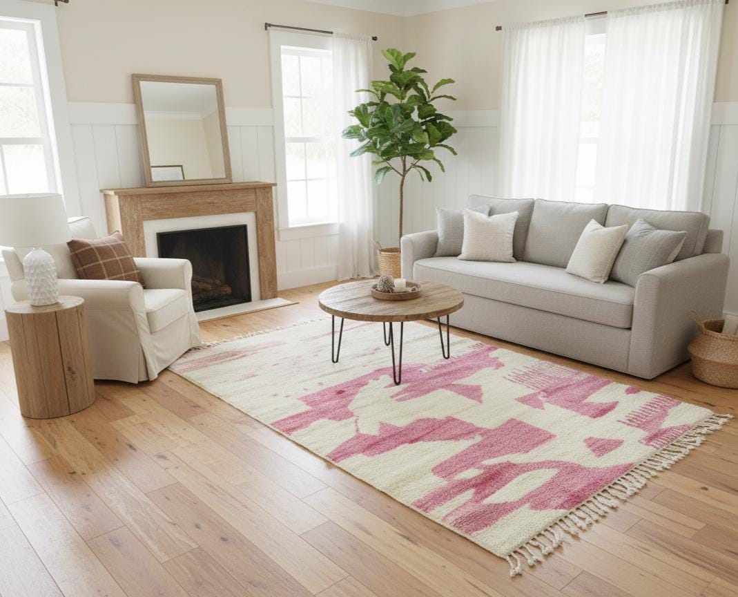 Handmade Beni Mrirt Shag Rug 5x8, White & Pink Moroccan Berber Carpet, Abstract Wool Area Rug Bohemian Home Decor Rug