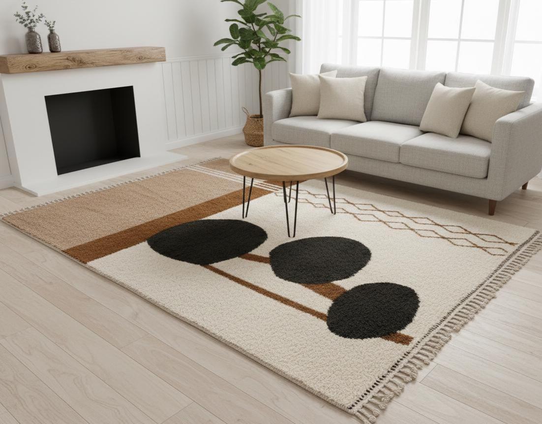 White & Beige Beni Ourain Rug, Handwoven Moroccan Berber Carpet, Abstract Tree Design Area Rug Custom  Wool Rug