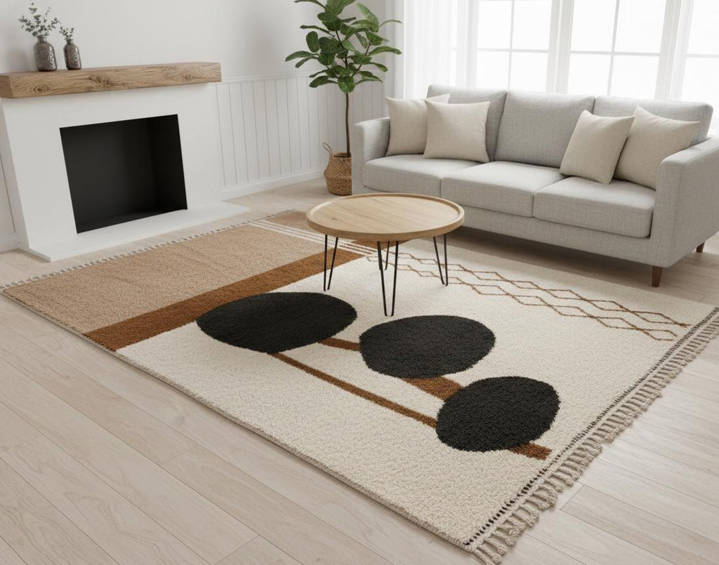 White & Beige Beni Ourain Rug, Handwoven Moroccan Berber Carpet, Abstract Tree Design Area Rug Custom  Wool Rug