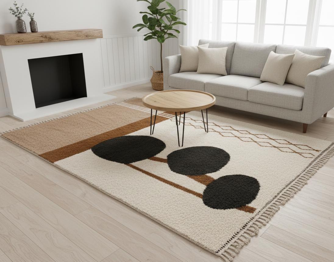 White & Beige Beni Ourain Rug, Handwoven Moroccan Berber Carpet, Abstract Tree Design Area Rug Custom  Wool Rug