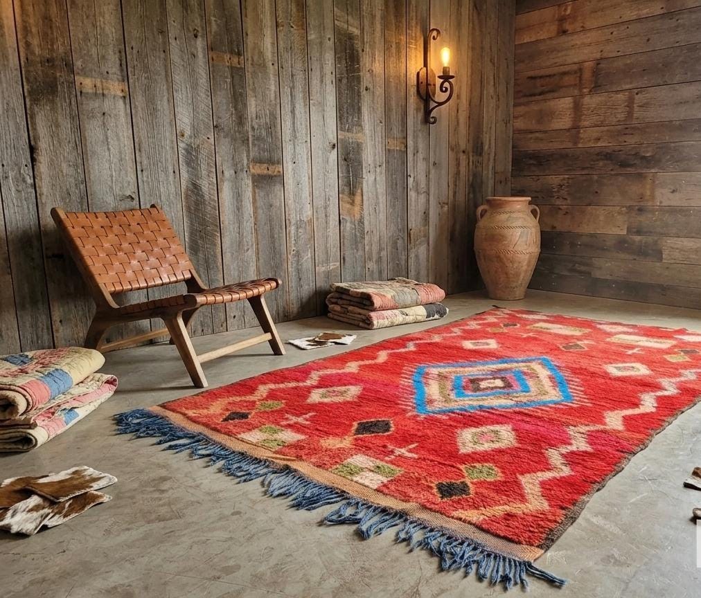 Vintage Moroccan Hand Knotted Rug, Red Berber Tribal Area Rug, Boho Geometric Carpet, Handmade Moroccan Living Room Rug