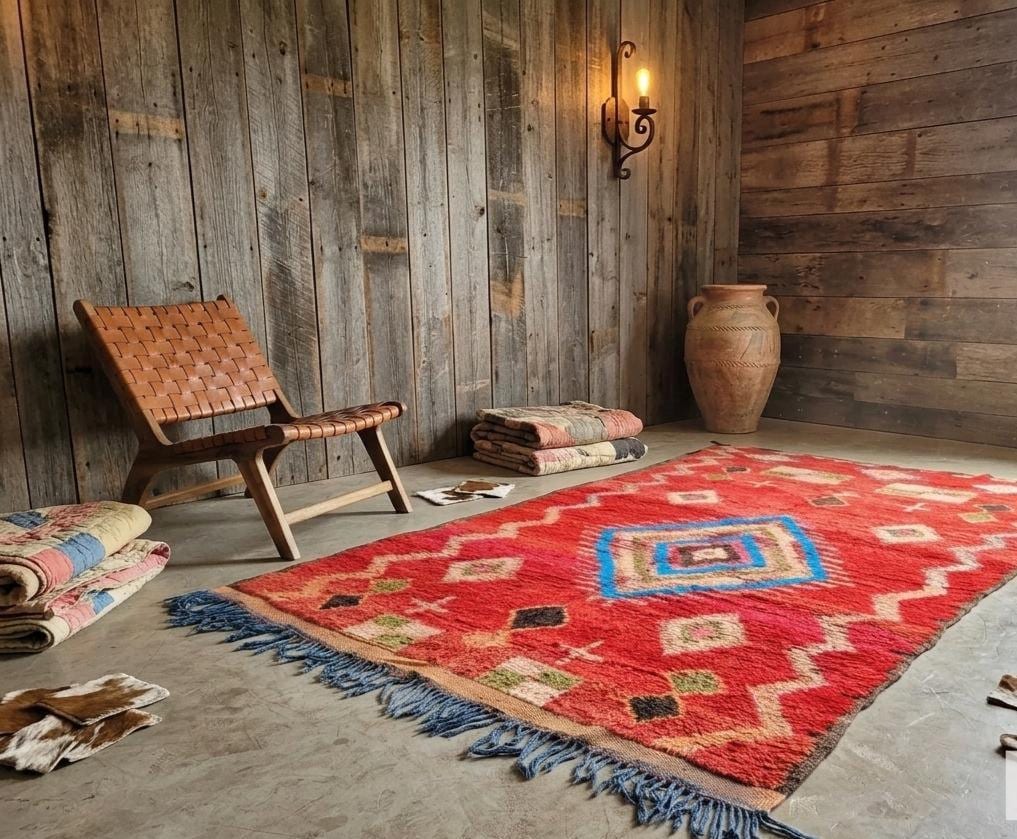 Vintage Moroccan Hand Knotted Rug, Red Berber Tribal Area Rug, Boho Geometric Carpet, Handmade Moroccan Living Room Rug