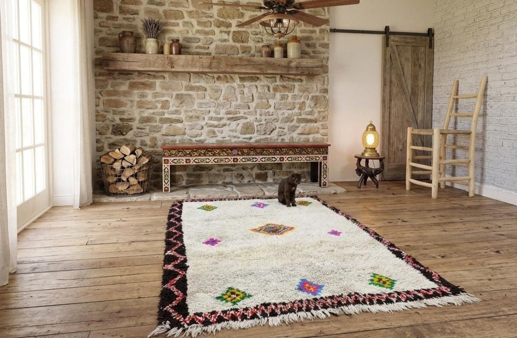 Hand Knotted Moroccan Beni Ourain Rug, White Berber Tribal Area Rug, Handmade Wool Boho Carpet, Vintage Moroccan Living Room Rug