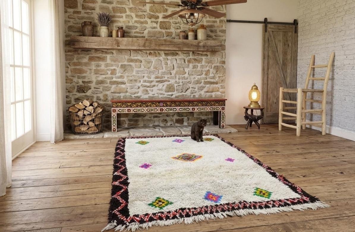 Hand Knotted Moroccan Beni Ourain Rug, White Berber Tribal Area Rug, Handmade Wool Boho Carpet, Vintage Moroccan Living Room Rug