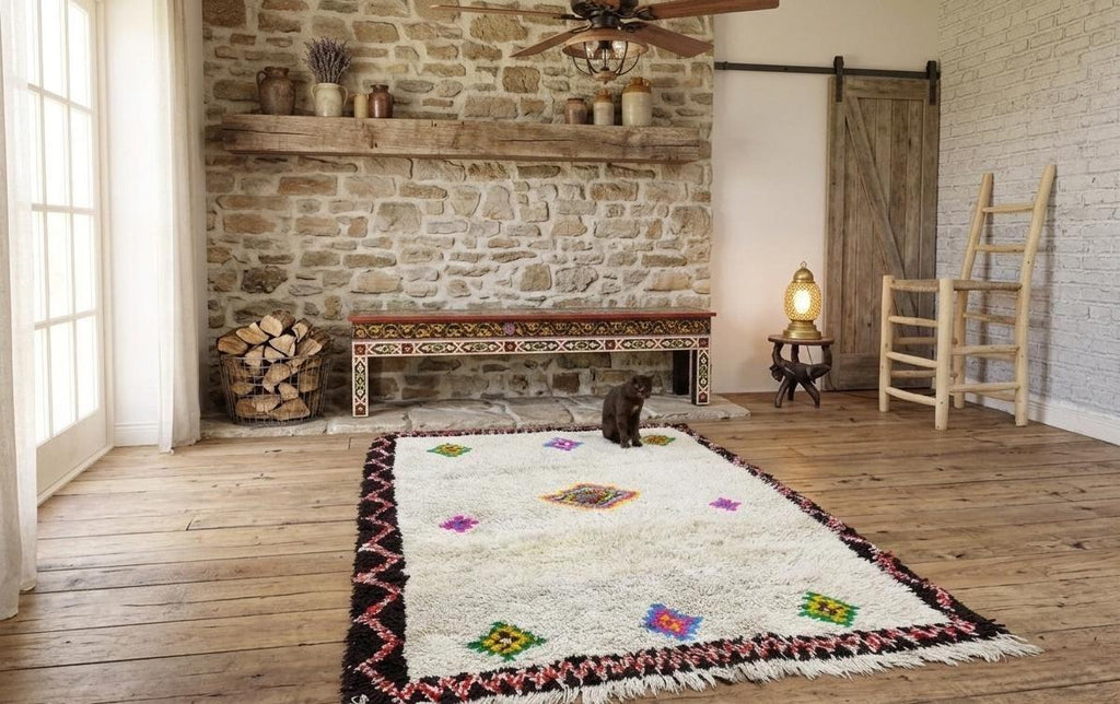 Hand Knotted Moroccan Beni Ourain Rug, White Berber Tribal Area Rug, Handmade Wool Boho Carpet, Vintage Moroccan Living Room Rug