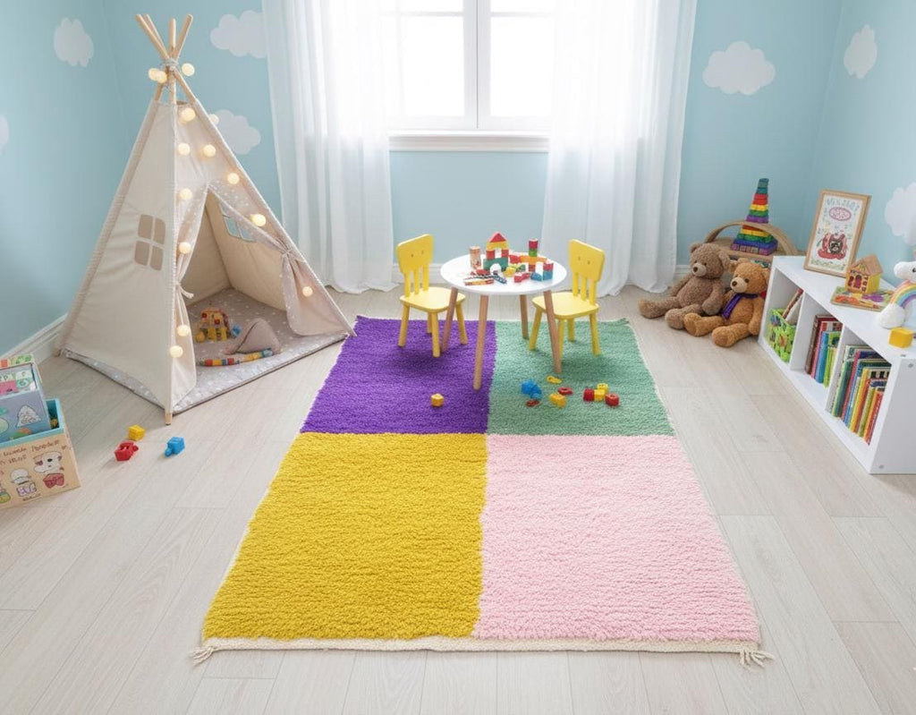 Bohemian Multi-Color Moroccan Rug, Tribal Berber Wool Carpet, Plush Shag Area Rug , Fluffy Moroccan Rug Nursery Area Rug Playroom Carpet